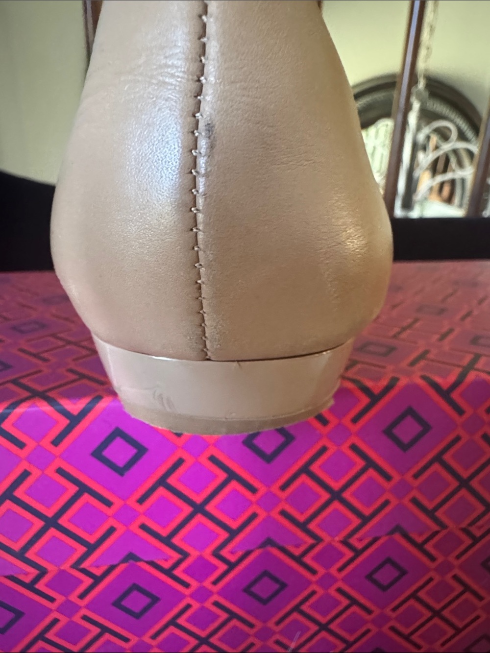 Women's Beige Leather Ballet Flats with Red-Pink Emblem - Picture 9 of 15